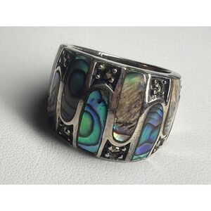 925 Sterling Silver Abalone Shell Marcasite Mosaic Wide Band Ring Size 7 Vintage